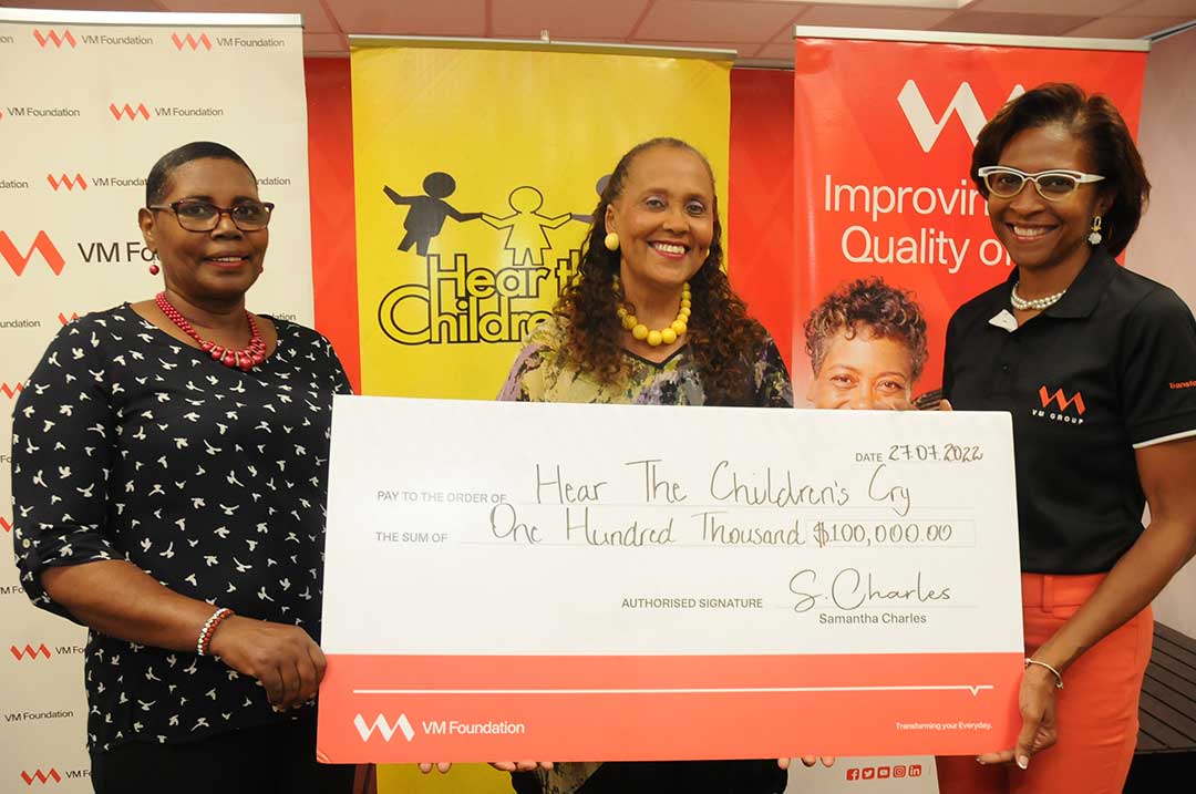 (From left) Paulette Darby, Head of School Safety & Community Outreach Programme, Hear the Children’s Cry and Betty Ann Blaine, Founder, accepts a $100,000 donation from Samantha Charles, CEO, VM Foundation, at a recent handover ceremony. The contribution was made in aid of the Missing Children’s Support Programme.